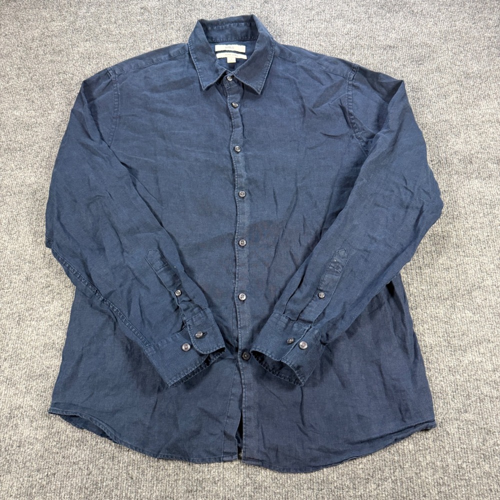 M&S Pure Linen Navy Blue Button Down Shirt Size L Coastal Minimalist Luxury